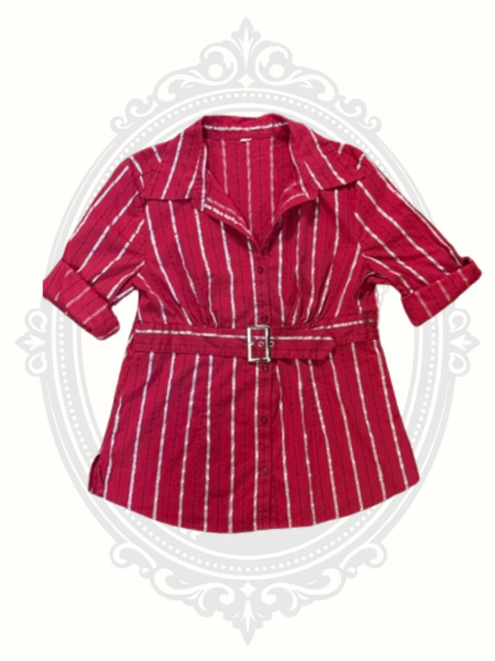 Burgundy Metallic Stripe Belted Button Front Blouse Women's Size M (Estimated)